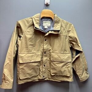 Orvis Mens Field Jacket Large Tan Utility Travel Fishing Safari Coat